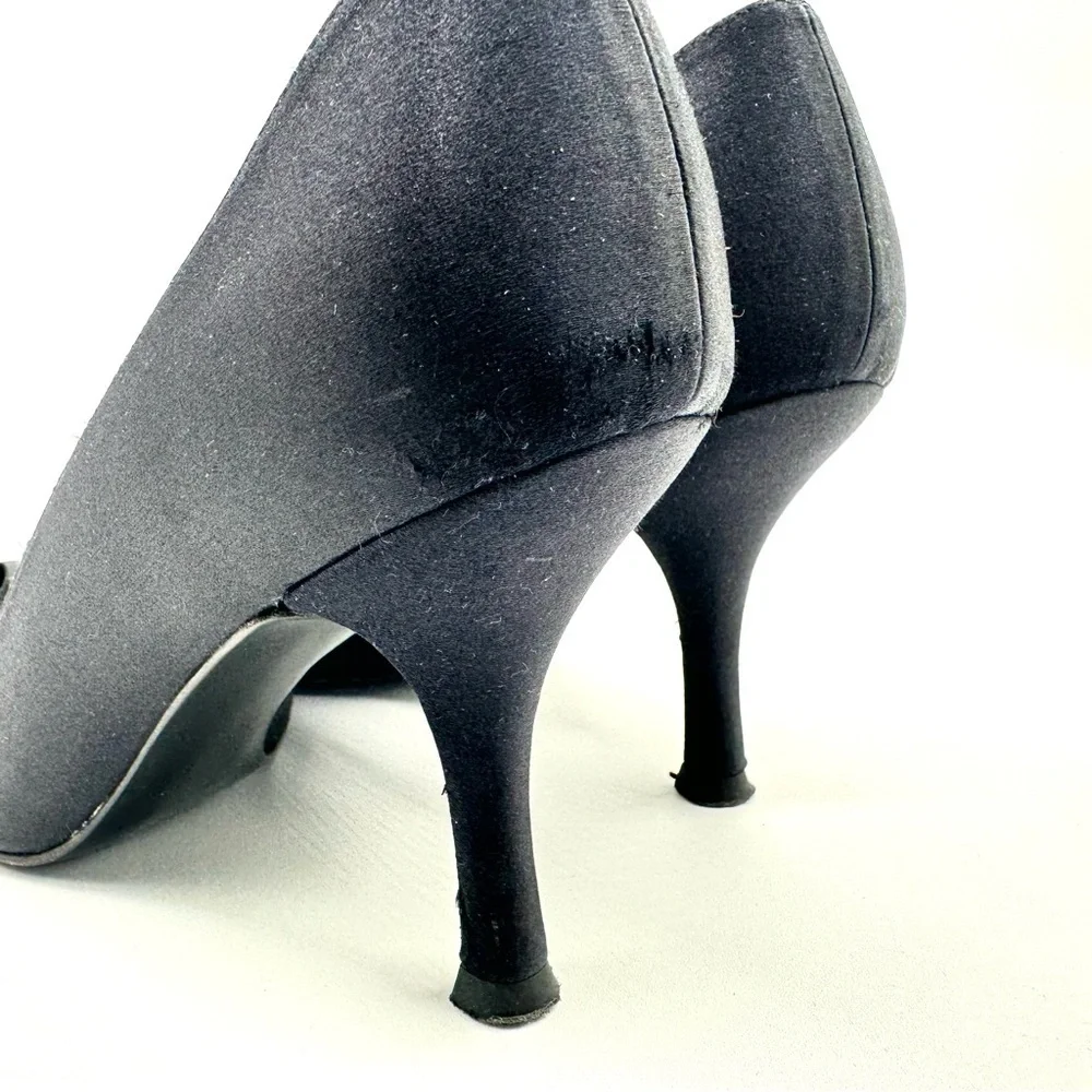 STUART WEITZMAN BLACK SATIN HEELS OPEN TOE HEELS RUFFLE DETAIL MADE IN SPAIN 9.5 - Picture 9 of 16